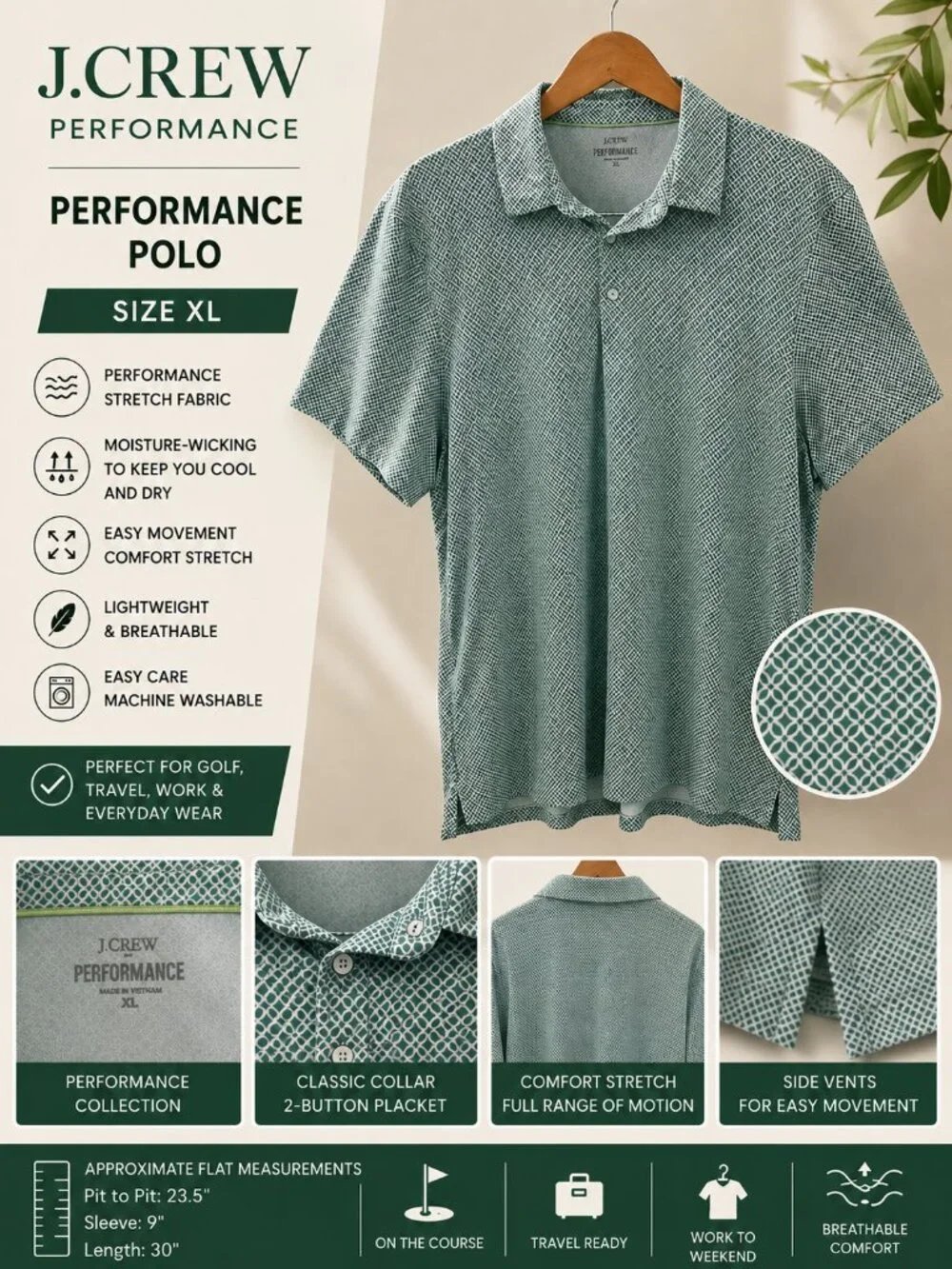 J.Crew Performance Golf Polo Green Geometric Print Stretch Shirt XL